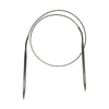 A set of stainless steel circular knitting needles.
