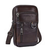 A dark brown vintage genuine cowhide leather crossbody sling bag with a zippered front pocket and adjustable strap.