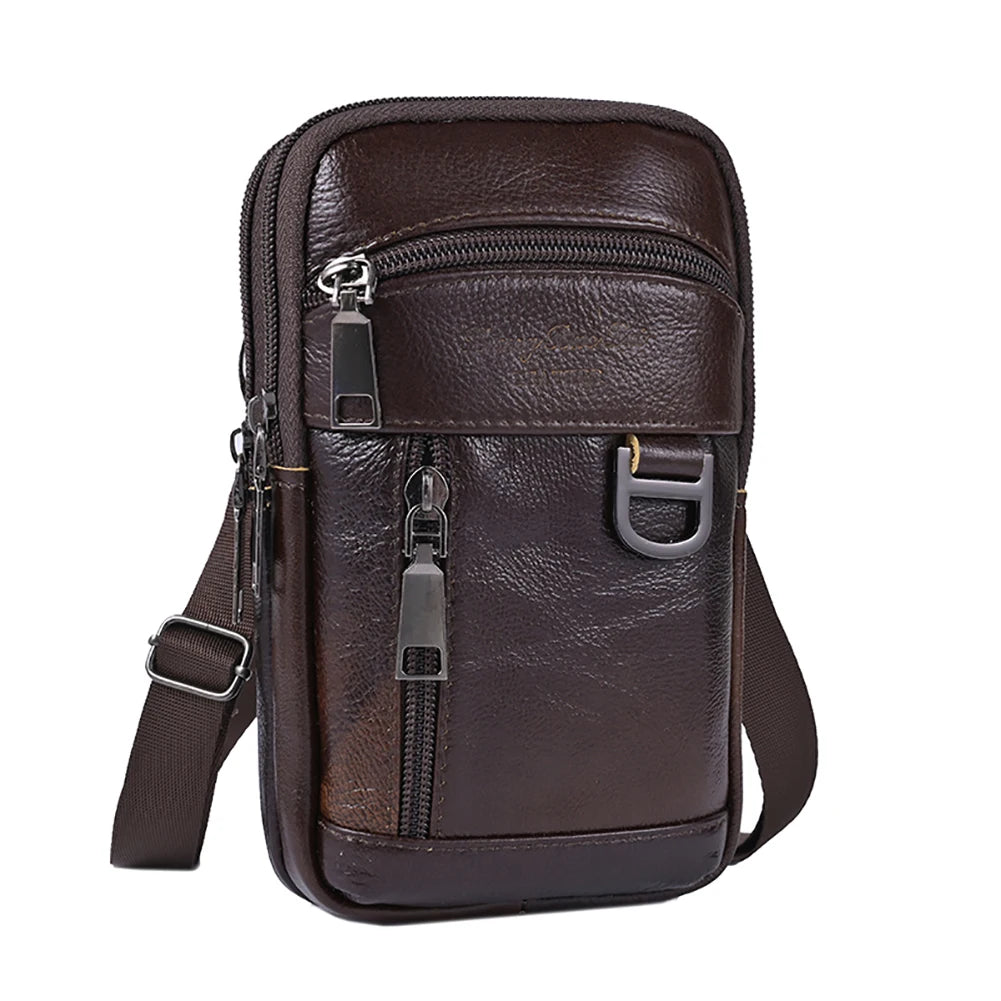 A dark brown vintage genuine cowhide leather crossbody sling bag with a zippered front pocket and adjustable strap.