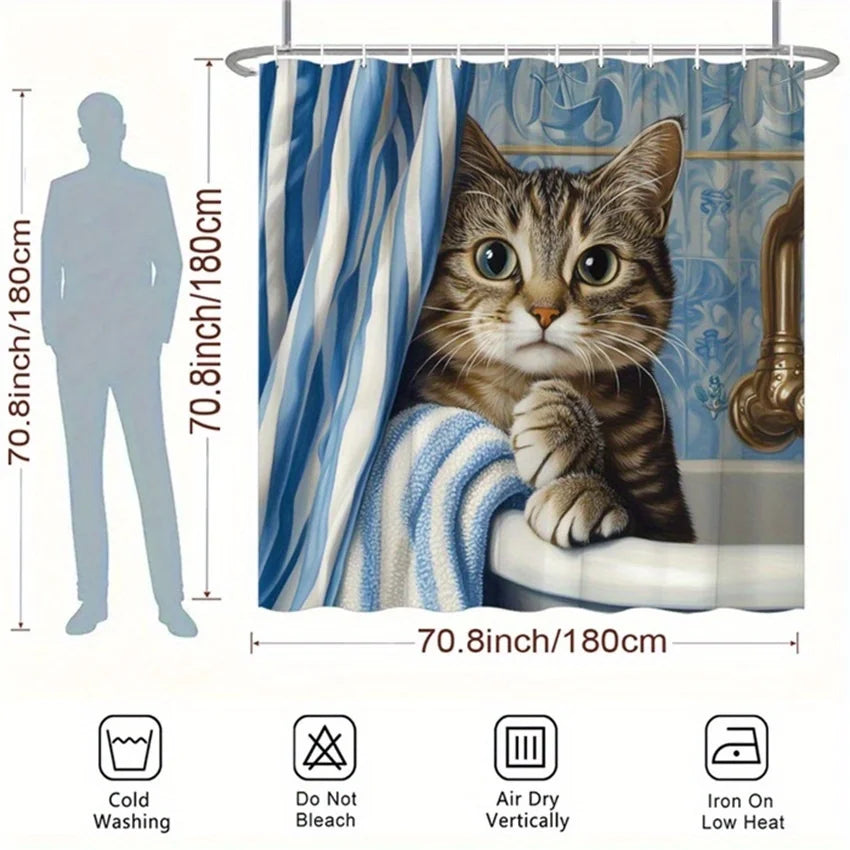 A shower curtain featuring a kitten design, showing dimensions and care instructions.