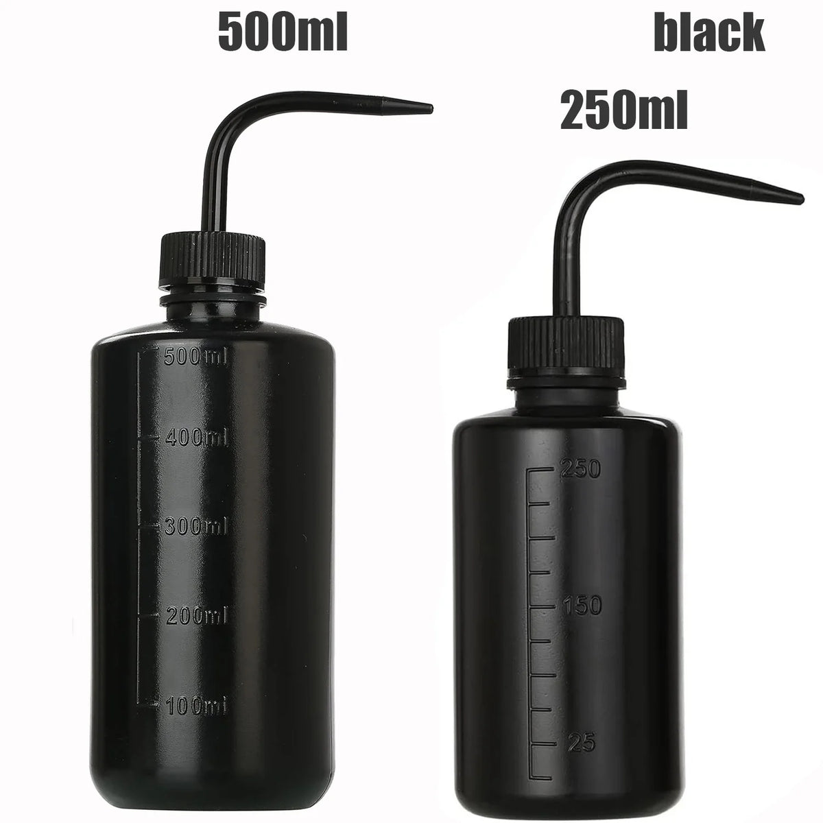 Black tattoo squeeze bottles with precision tips in various sizes including 500ml and 250ml
