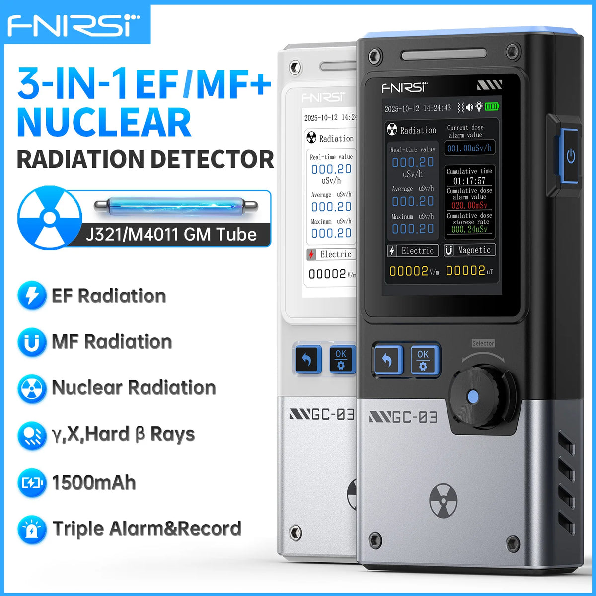 A set of three F-NIRSI radiation detectors showing various radiation types and monitoring screens.