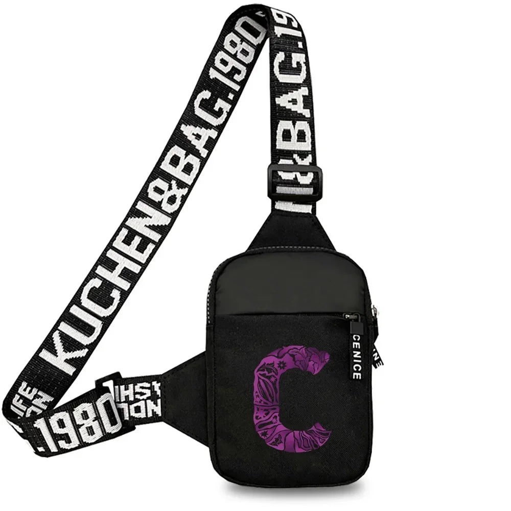 Black canvas chest bag with a wide strap featuring the text KUCHEN&BAG.1980