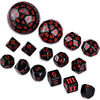 A set of fifteen polyhedral dice in various colors and sizes for tabletop role-playing games