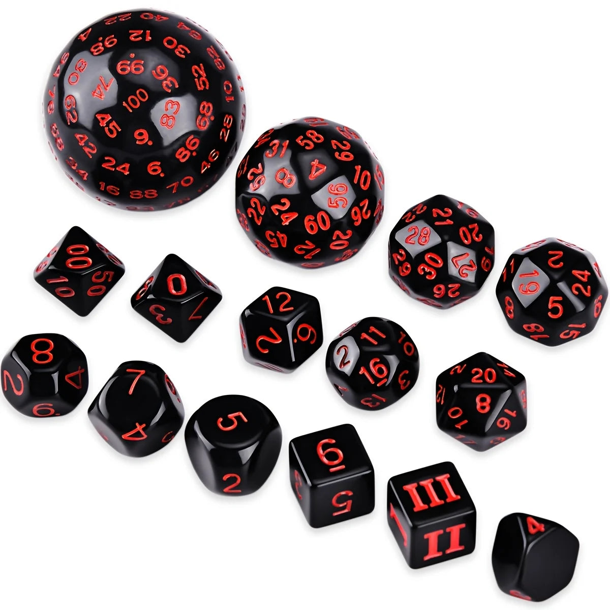 A set of fifteen polyhedral dice in various colors and sizes for tabletop role-playing games