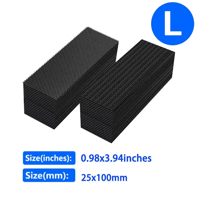 A stack of black heavy-duty self-adhesive hook-and-loop tape for car mats and rugs.