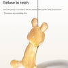 A silicone cartoon rabbit teether in a pale yellow color is shown against a white background.