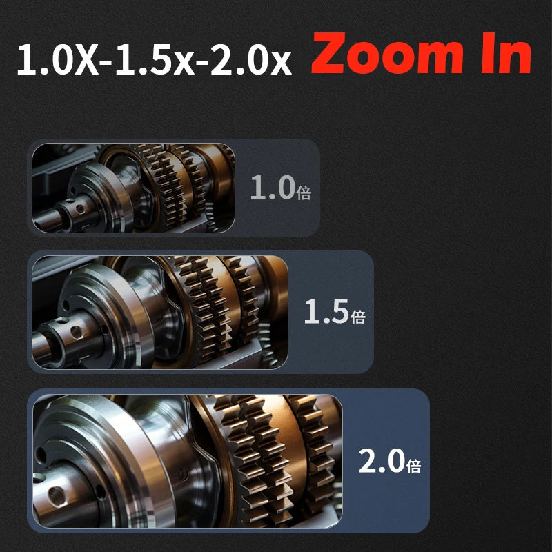 Demonstration of zoom levels for an industrial endoscope inspection camera showing magnified mechanical components.