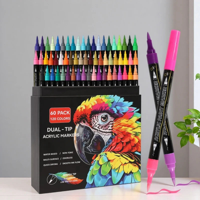 A box of 60 dual-tip acrylic paint markers in various colors, including bright greens, reds, and yellows.