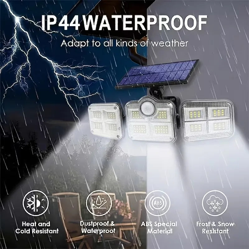 Four solar flood lights mounted on a surface demonstrating IP44 waterproof and weather resistance features.