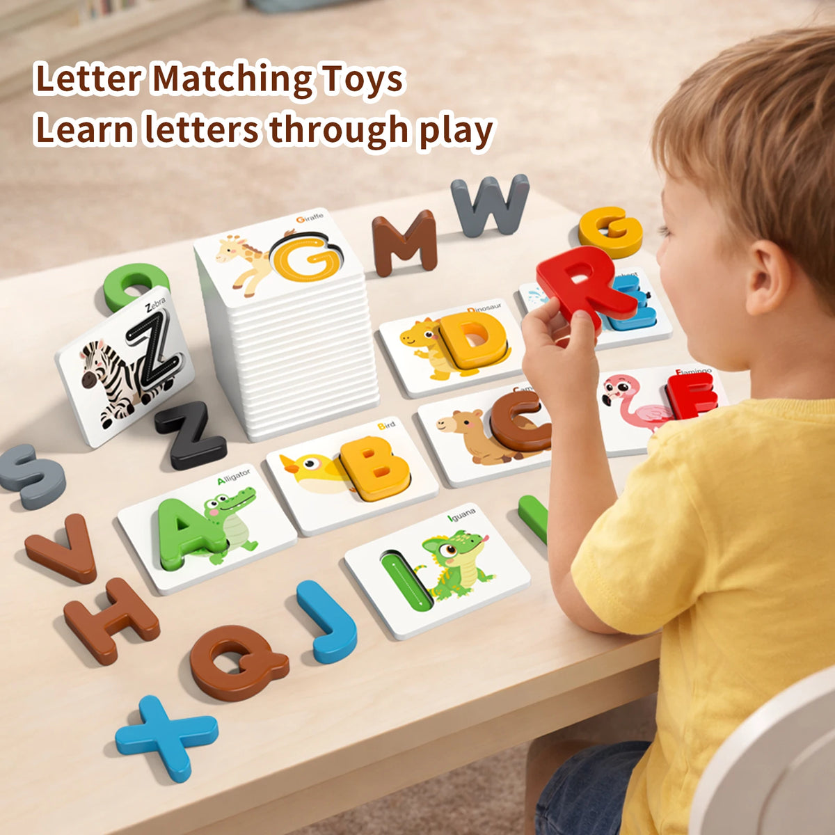 A young child is playing with letter matching toys on a table, learning letters through play.