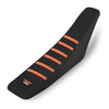 Black ribbed motorcycle seat cover with orange stripes and a Power Zone logo