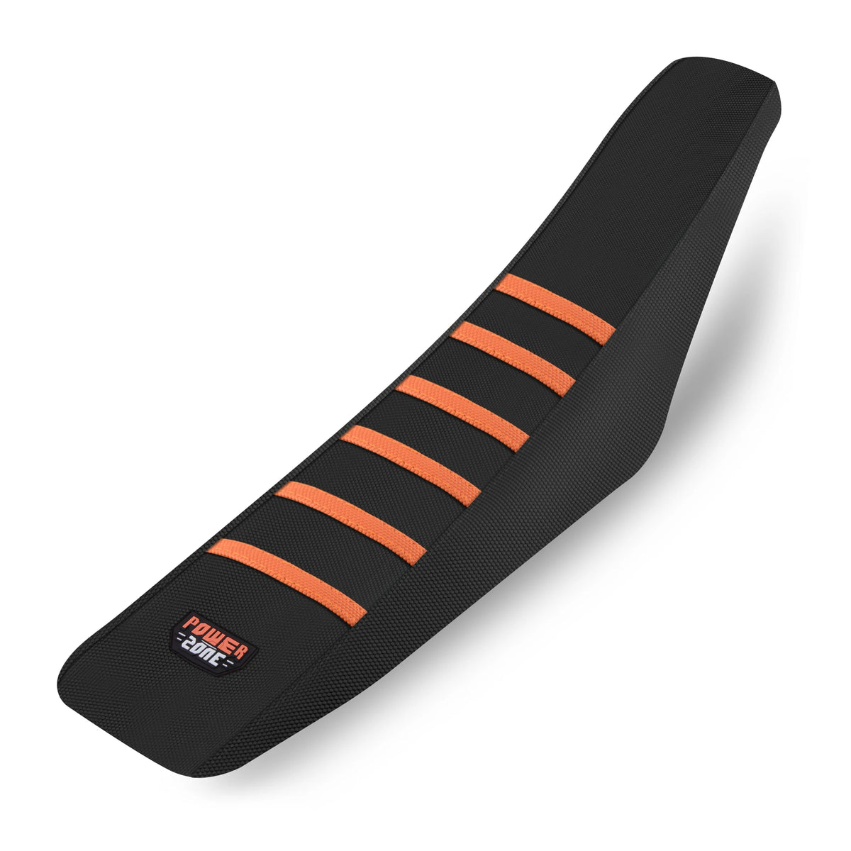 Black ribbed motorcycle seat cover with orange stripes and a Power Zone logo