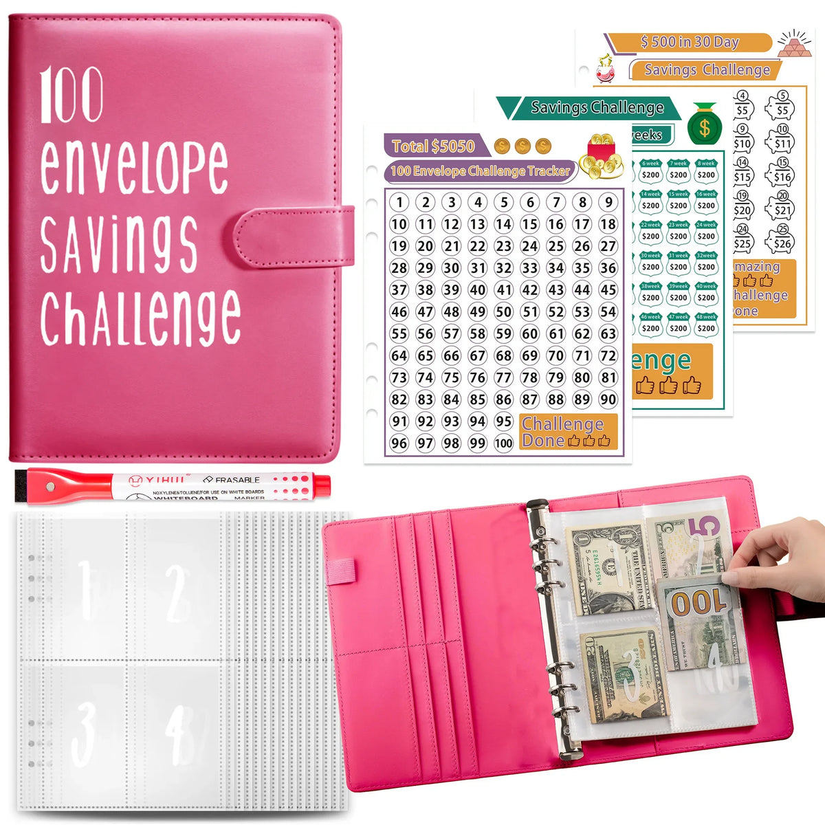 A pink A5 budget binder with cash envelopes and a savings challenge tracker sheet.