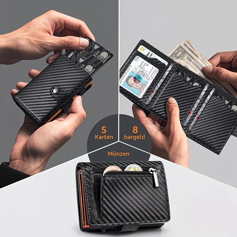 Schwarzes Kohlefaser-RFID-geschütztes Pop-up-Wallet zum Halten von Karten und Bargeld.