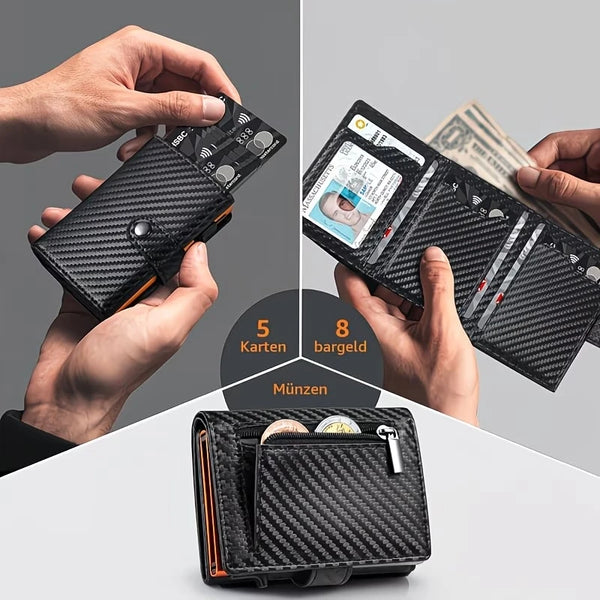 Portefeuille pop-up en fibre de carbone noire avec protection RFID, utilisé pour contenir cartes et espèces.
