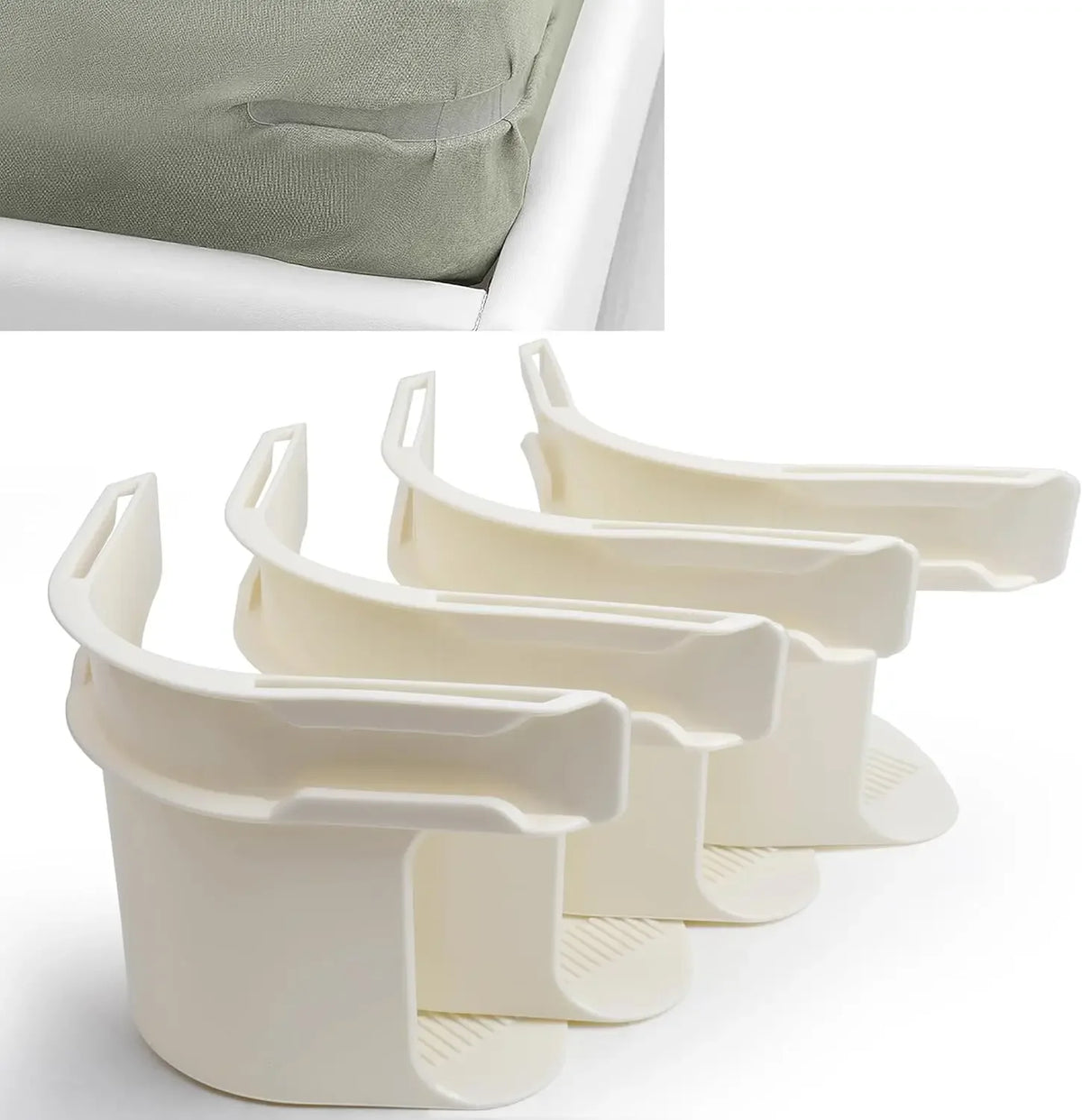 White non-slip sheet fixing clips or straps used for securing bedding.