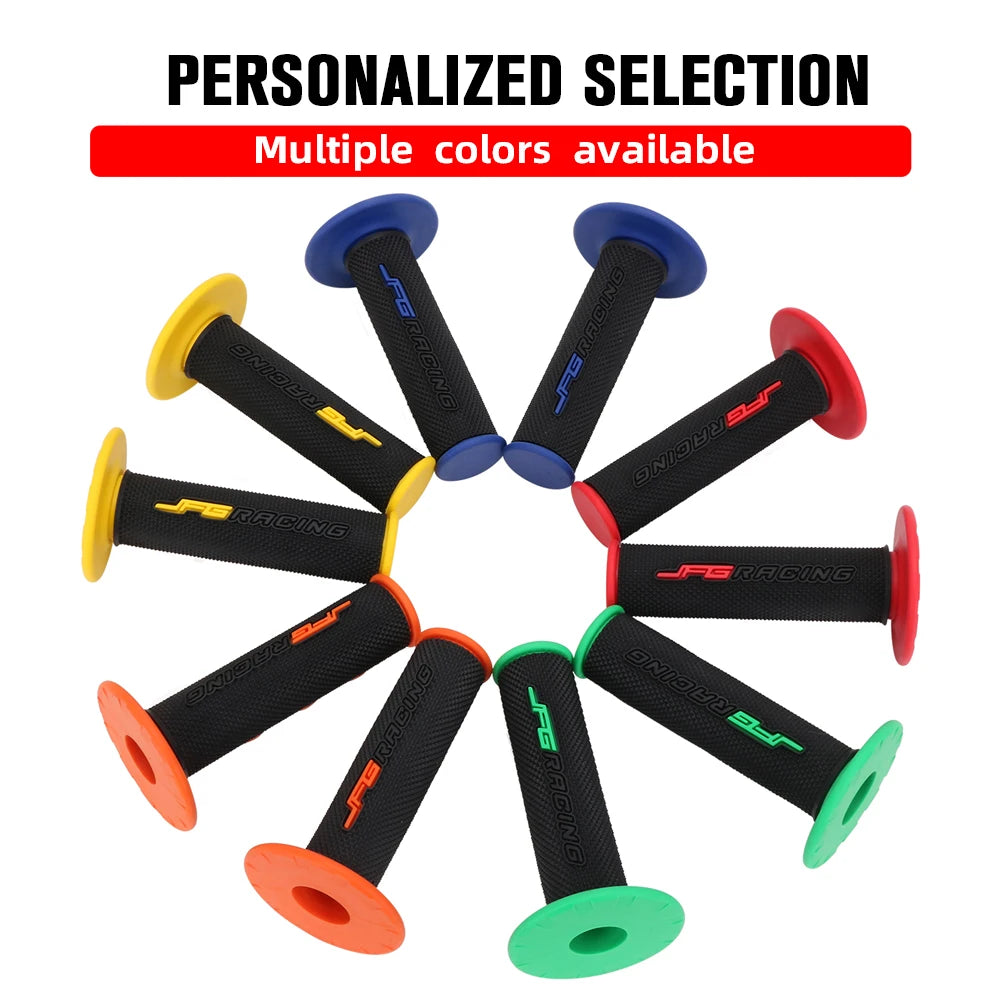 A collection of personalized aluminum motorcycle handlebar grips in various colors including blue, yellow, and black.