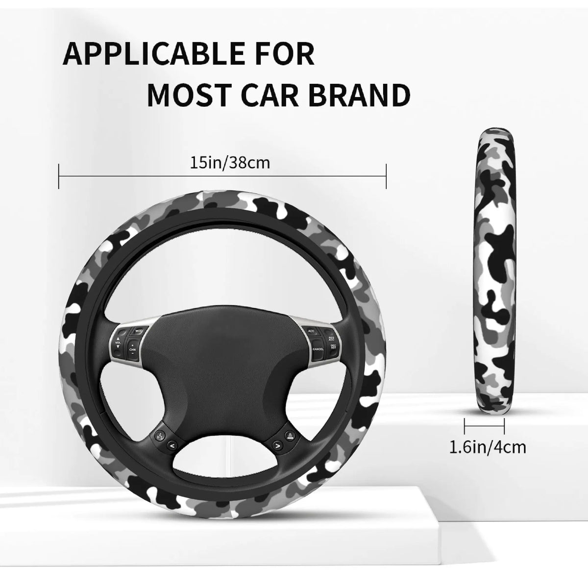 A camouflage patterned steering wheel cover is shown with a steering wheel and a separate grip cover.