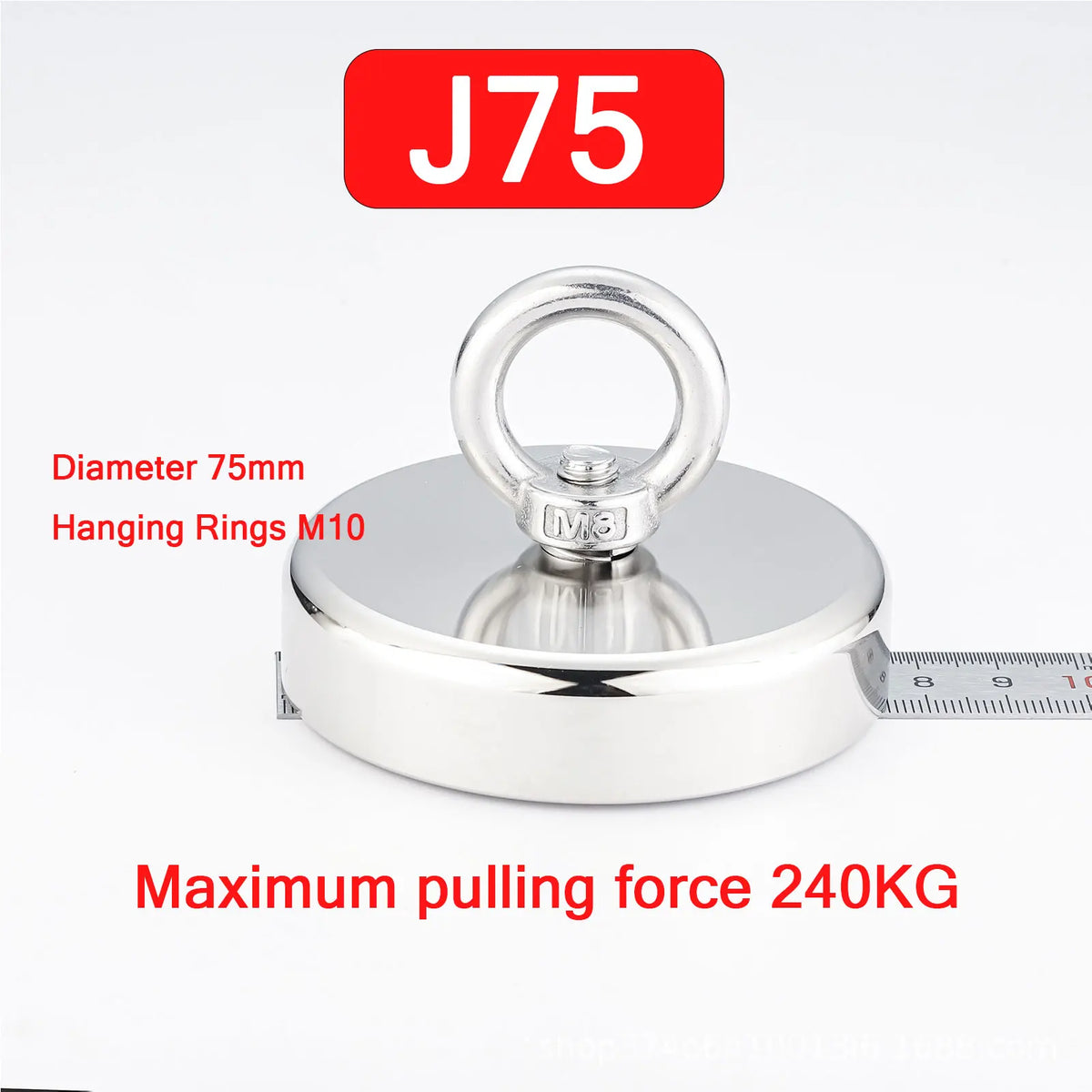 Silberner magnetischer Haken mit 75mm Durchmesser und M10-Aufhängungen, für eine Zugkraft von bis zu 240KG ausgelegt.
