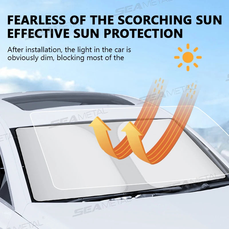 Pare-soleil rétractable installé sur le pare-brise d'une voiture, démontrant une protection solaire efficace.