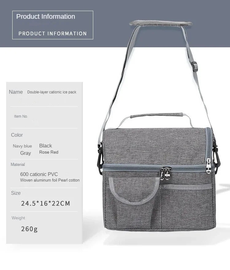 A gray double-layer cationic ice pack lunch bag with a strap and zippered compartments.