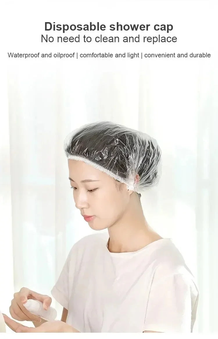 A woman is shown wearing a disposable shower cap while looking down, emphasizing its light and convenient use.