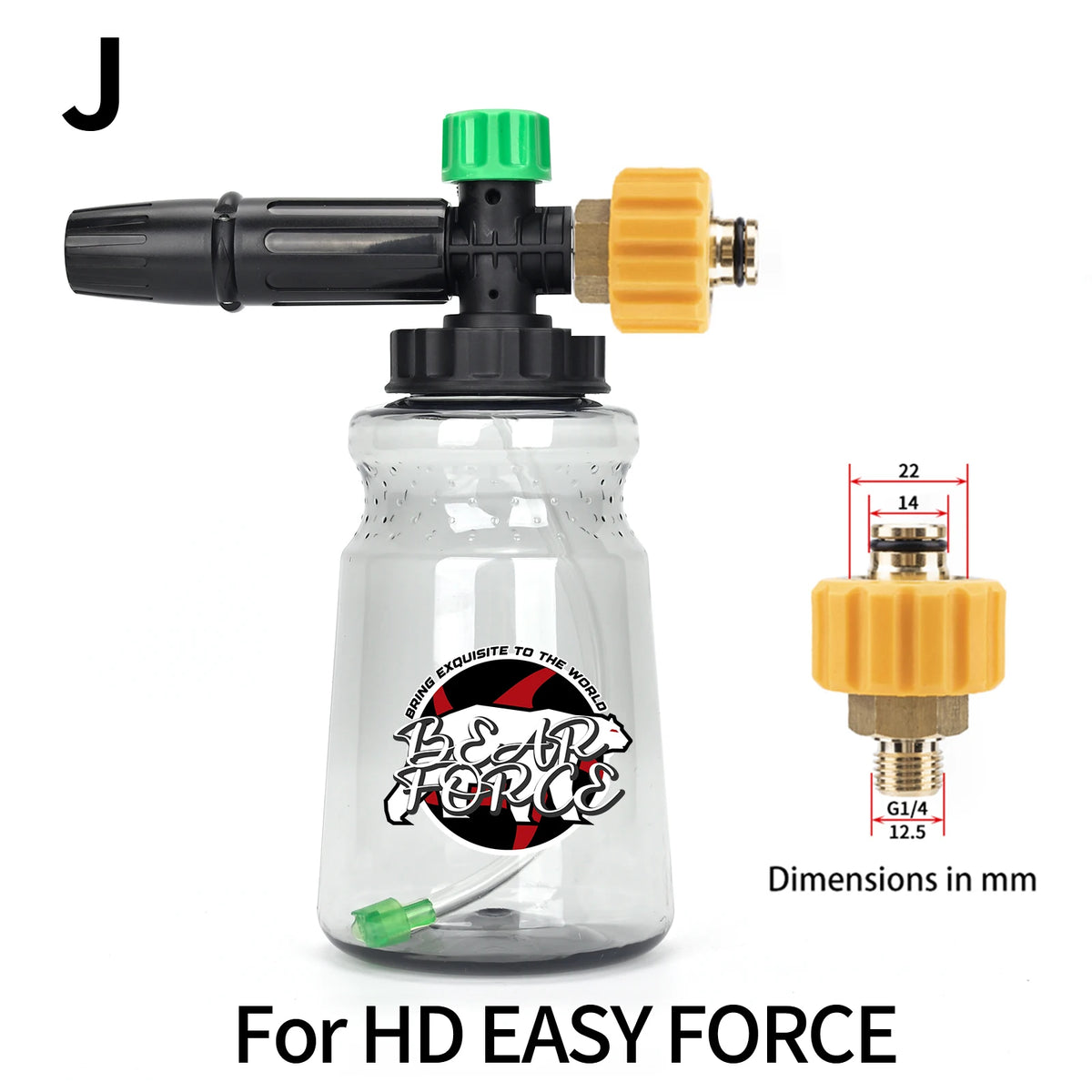 A clear plastic snow foam lance with a black handle and green nozzle, designed for HD Easy Force.