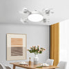 A white LED ceiling fan with multiple lights is mounted on a white ceiling above a wooden table.