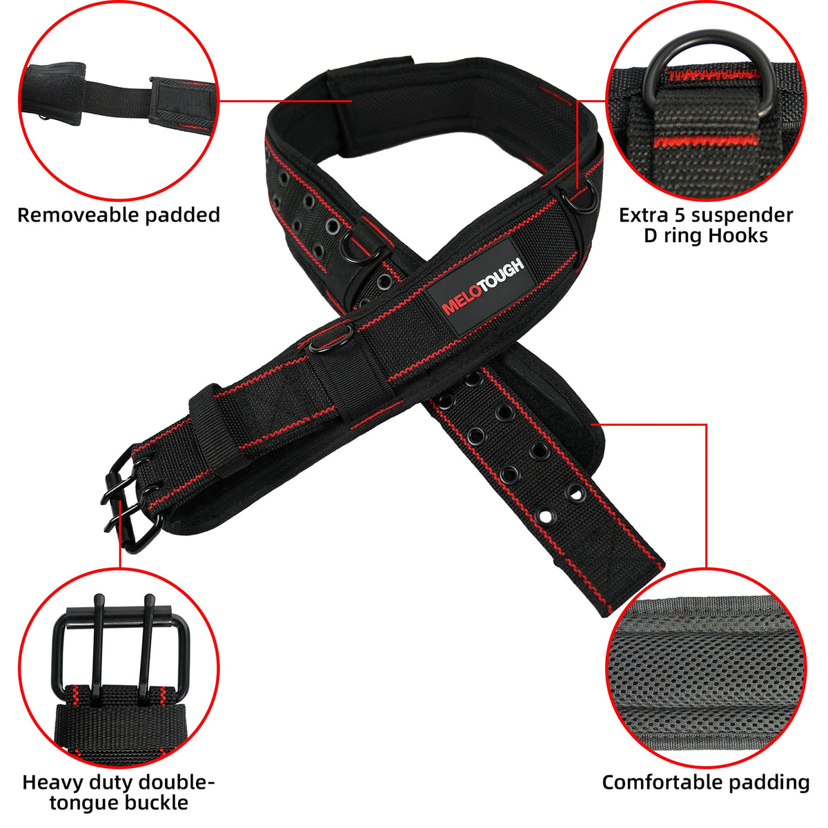 Black heavy-duty padded tool belt featuring removable padding, five D ring hooks, and a double tongue buckle.