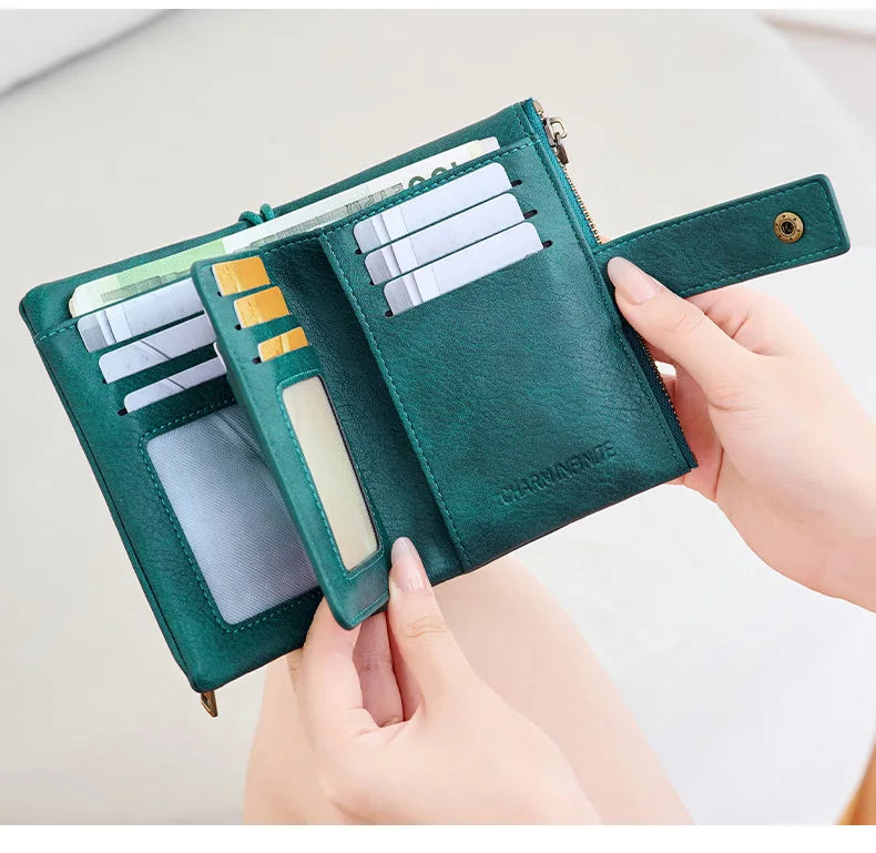 Vintage RFID-Blocking Triple-Fold Wallet with Double Zipper
