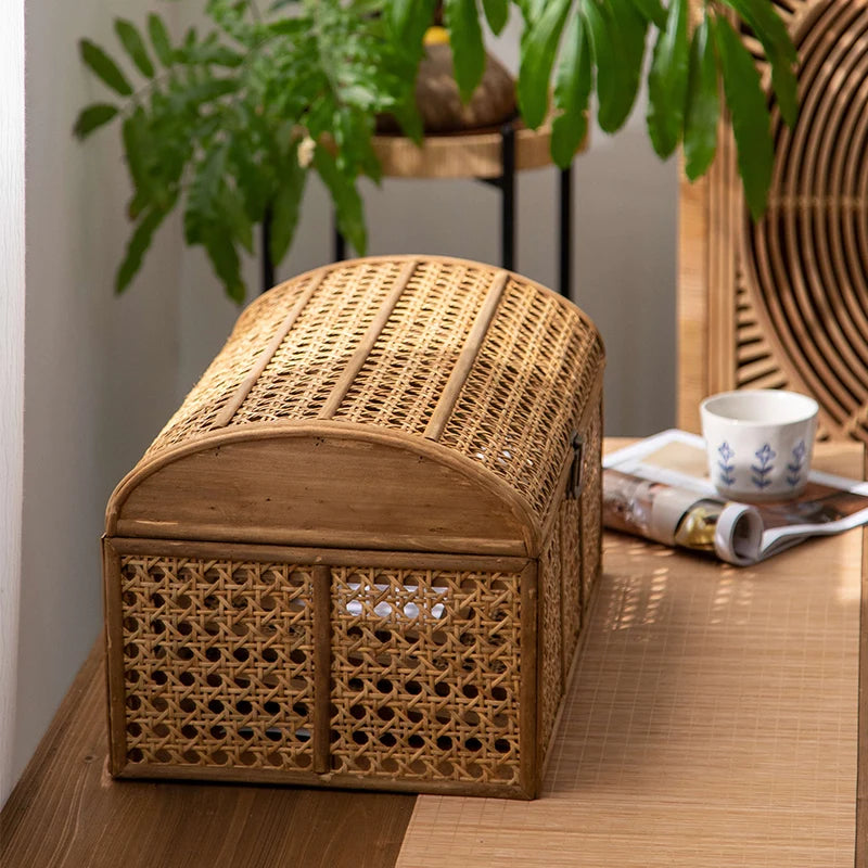 Panier de Rangement en Rotin Vintage avec Couvercle