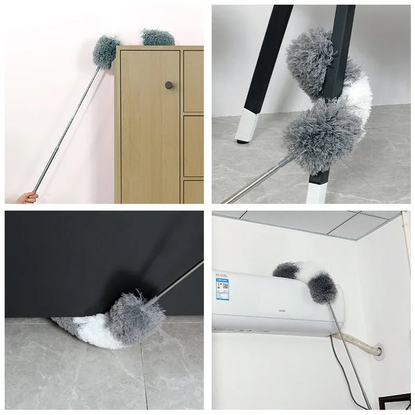 Extendable microfiber gap duster with fuzzy tips shown in various contexts.