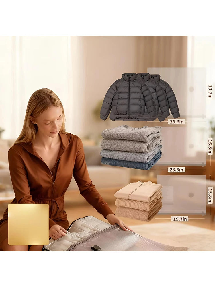 A woman is shown using a reusable vacuum compression bag for travel and storage, next to a quilted jacket.