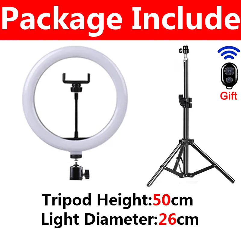 A white selfie ring light with a tripod stand and phone holder shown next to its specifications.