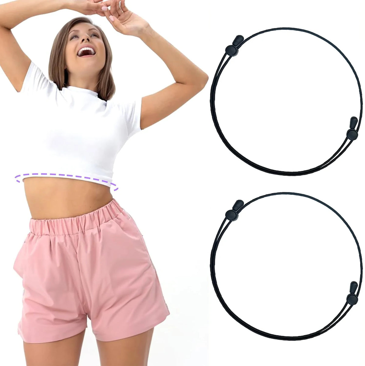 A woman models a white crop top and pink shorts while demonstrating adjustable tuck bands for clothing.