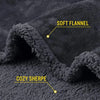 Close-up of a dark gray soft flannel fabric with cozy sherpa trim and yellow labels
