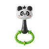 A white cartoon panda rattle toy with black features and a green ring for baby sensory development.