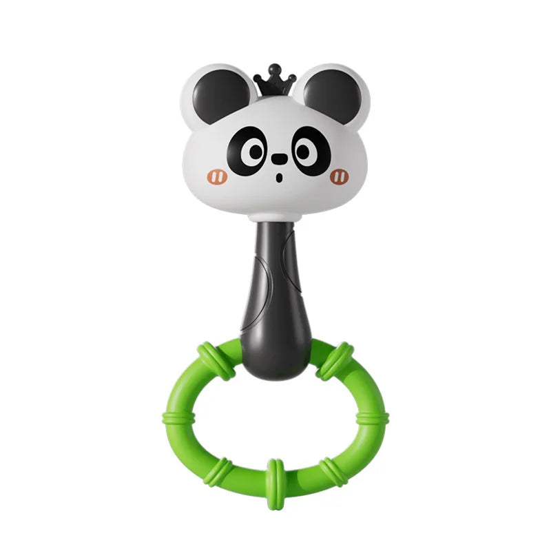 A white cartoon panda rattle toy with black features and a green ring for baby sensory development.