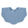 Light blue knitted baby bib in a bandana style with a snap closure