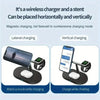 A magnetic wireless charging station shown horizontally and vertically, capable of charging an iPhone, Apple Watch, or AirPod