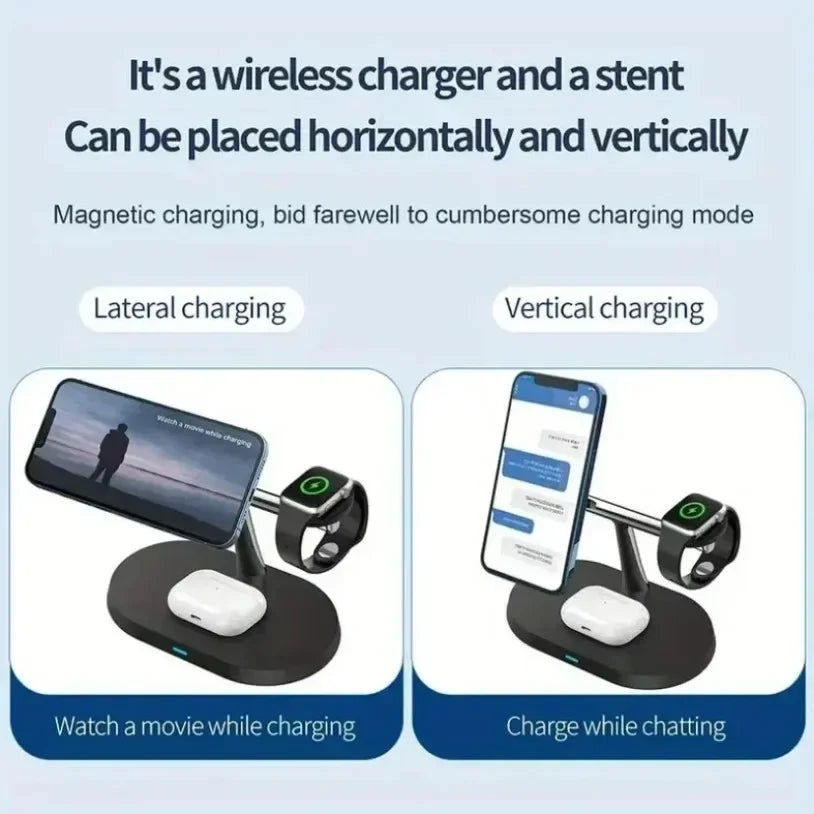 A magnetic wireless charging station shown horizontally and vertically, capable of charging an iPhone, Apple Watch, or AirPod