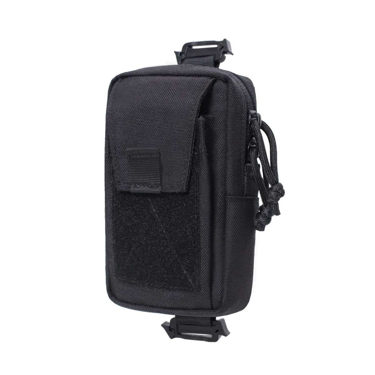 Black MOLLE tactical phone pouch with a strap and pocket.