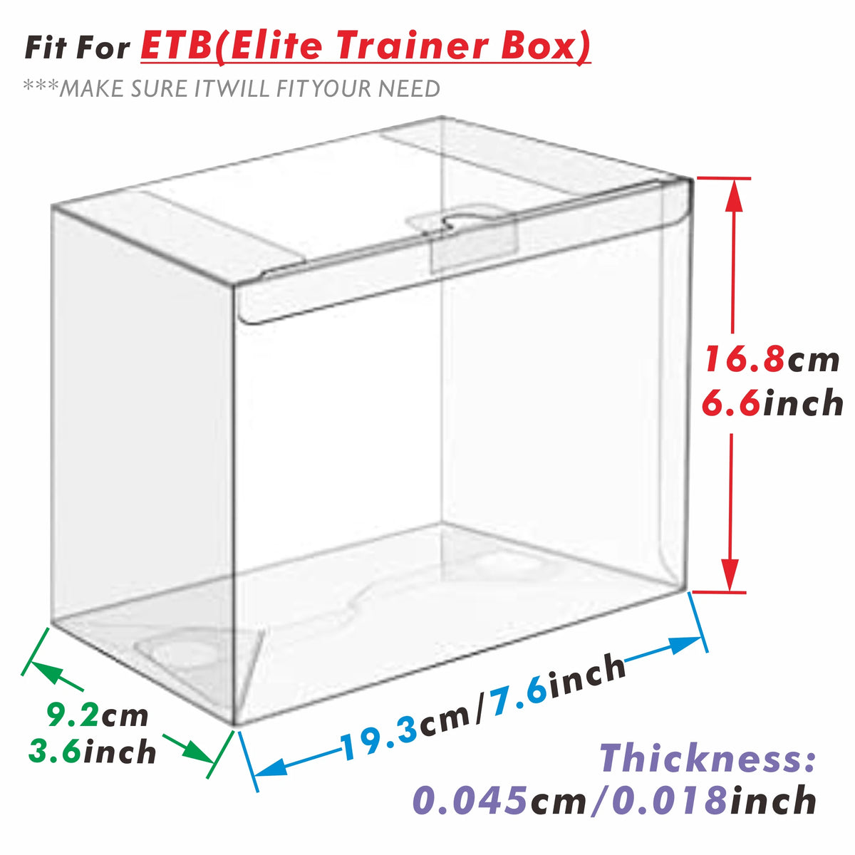 Clear PET protective case for an Elite Trainer Box showing dimensions and thickness.