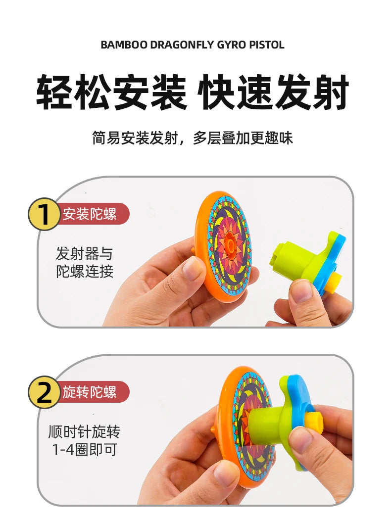 Hands demonstrate the assembly and operation of a bamboo dragonfly gyro pistol toy