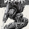 A black and white illustration of a fierce warrior character with long hair wielding a sword, featuring the title Berserk.