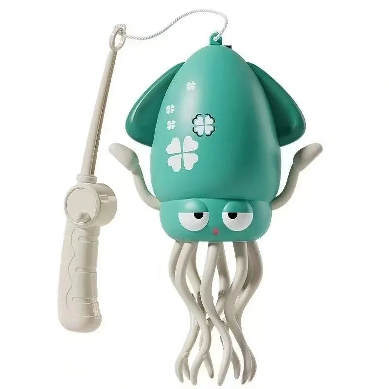 A teal octopus toy with a light-up head and tentacles is shown hanging by a string.