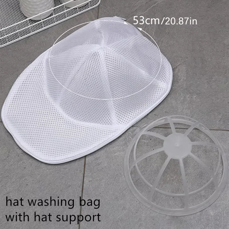 A white mesh laundry bag with a hat support, shown next to a circular silicone insert.