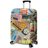 A colorful, patterned suitcase protector cover with various labels and designs.