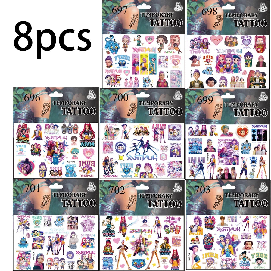 A set of 8 temporary tattoos featuring K-Pop idols and characters for birthday party decoration.